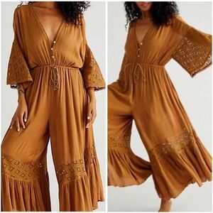 NWT Free People Angela Jumpsuit Medium Brown Crochet Lace Wide Leg Boho Festival